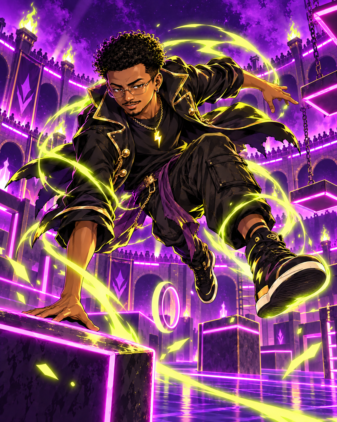 Personagem do AuraPeu treinando em uma arena neon