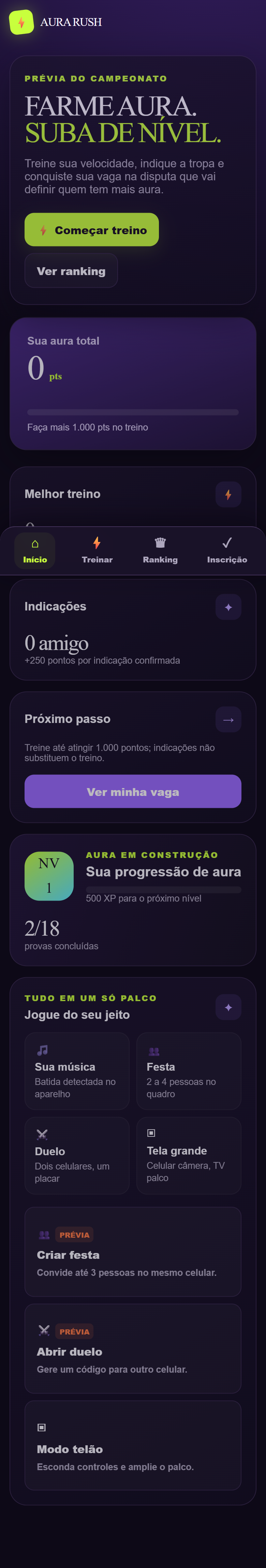 Tela de treino do AuraPeu